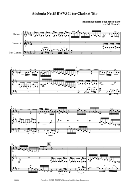 Sinfonia No 15 Bwv 801 For Clarinet Trio Sheet Music