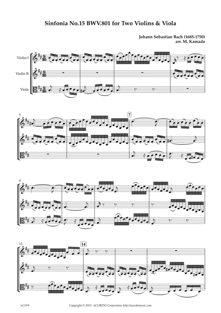 Sinfonia No 15 Bwv 801 For Two Violins Viola Sheet Music