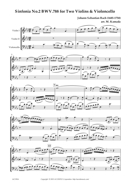 Free Sheet Music Sinfonia No 2 Bwv 788 For Two Violins Violoncello