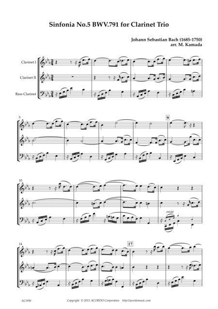 Sinfonia No 5 Bwv 791 For Clarinet Trio Sheet Music