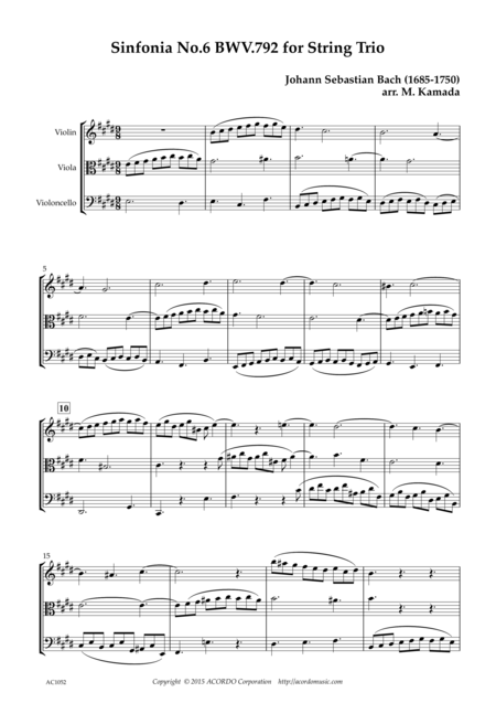 Sinfonia No 6 Bwv 792 For String Trio Sheet Music