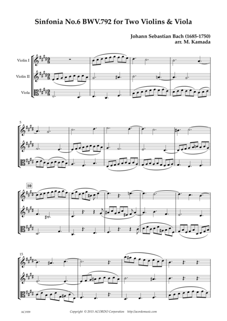 Sinfonia No 6 Bwv 792 For Two Violins Viola Sheet Music