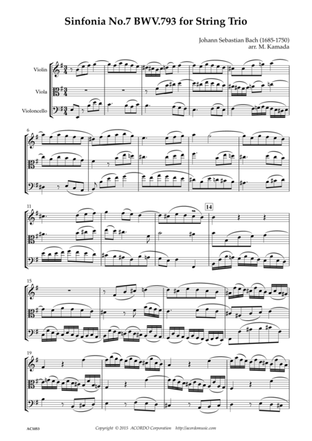 Sinfonia No 7 Bwv 793 For String Trio Sheet Music