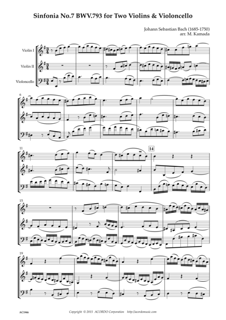 Sinfonia No 7 Bwv 793 For Two Violins Violoncello Sheet Music