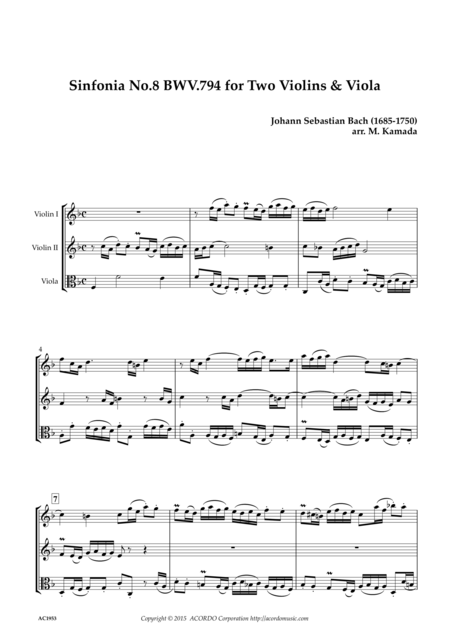 Sinfonia No 8 Bwv 794 For Two Violins Viola Sheet Music