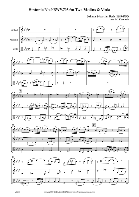 Sinfonia No 9 Bwv 795 For Two Violins Viola Sheet Music