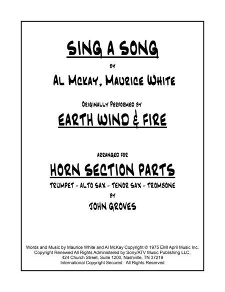 Sing A Song Horn Section Parts Trumpet Alto Tenor Sax Trombone Sheet Music