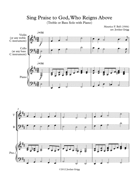 Free Sheet Music Sing Praise To God Who Reigns Above Treble Or Bass Solo With Piano
