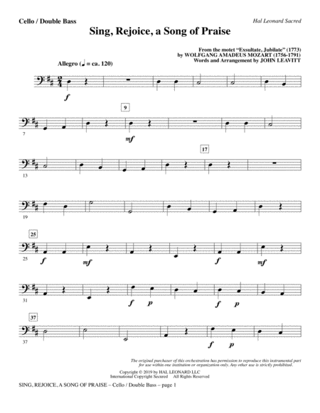 Sing Rejoice A Song Of Praise Arr John Leavitt Cello Double Bass Sheet Music