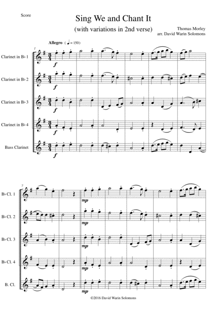 Free Sheet Music Sing We And Chant It With Variations For Clarinet Quintet 4 B Flats And 1 Bass