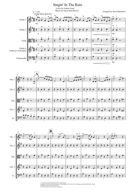 Singin In The Rain For String Quartet Sheet Music