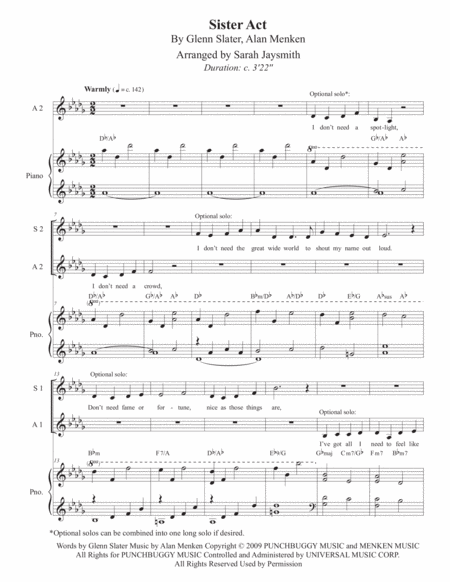 Sister Act From Sister Act The Musical Ssaa With Piano Arranged By Sarah Jaysmith Sheet Music