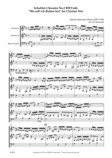 Six Schubler Chorales No 2 Bwv 646 Wo Soll Ich Fliehen Hin For Clarinet Trio Sheet Music