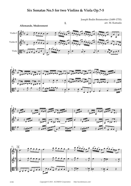 Six Sonatas No 5 For Two Violins Viola Op 7 5 Sheet Music