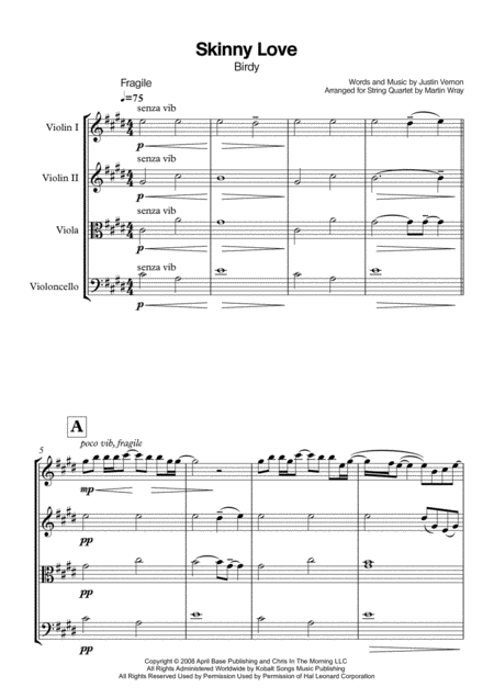 Skinny Love String Quartet Sheet Music