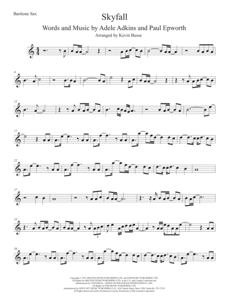 Skyfall Bari Sax Easy Key Of C Sheet Music