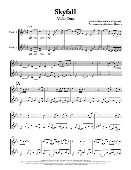 Skyfall By Adele Two Violins Duet Sheet Music