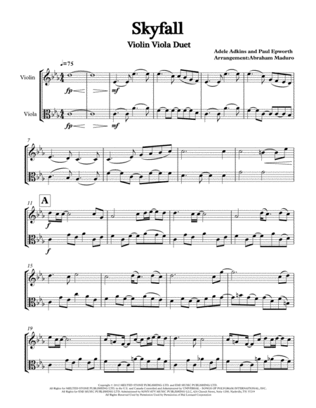 Skyfall By Adele Violin And Viola Duet Sheet Music