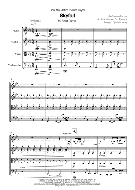 Skyfall For String Quartet Sheet Music