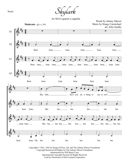 Skylark For Ssaa A Cappella Quartet Sheet Music