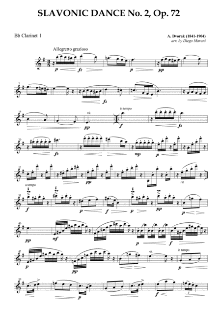 Slavonic Dance No 2 Op 72 For Clarinet Quartet Sheet Music