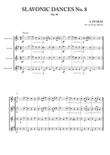 Slavonic Dances No 8 Op 46 For Saxophone Quartet Sheet Music