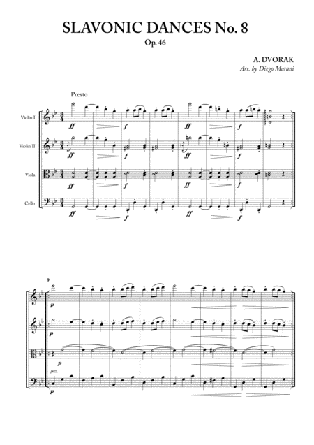 Slavonic Dances No 8 Op 46 For String Quartet Sheet Music