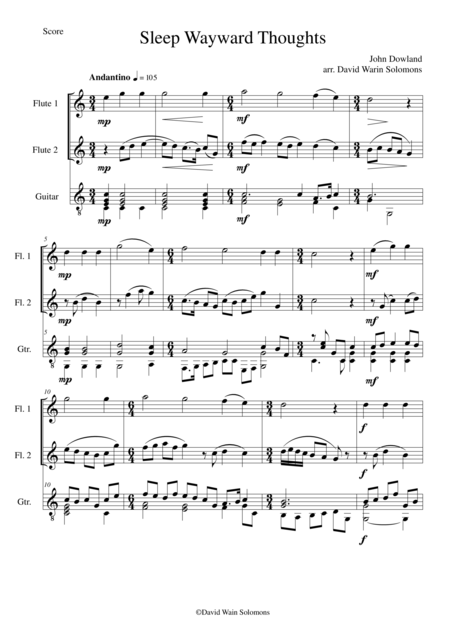 Sleep Wayward Thoughts For 2 Flutes And Guitar Sheet Music