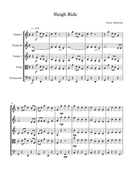 Free Sheet Music Sleigh Ride String Quartet Orchestra Score And Parts