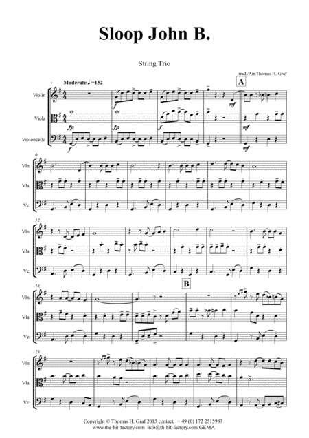 Free Sheet Music Sloop John B Caribian Folk Song String Trio