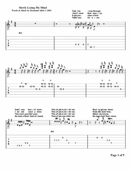 Slowly Losing My Mind By Desmond Allen Sheet Music