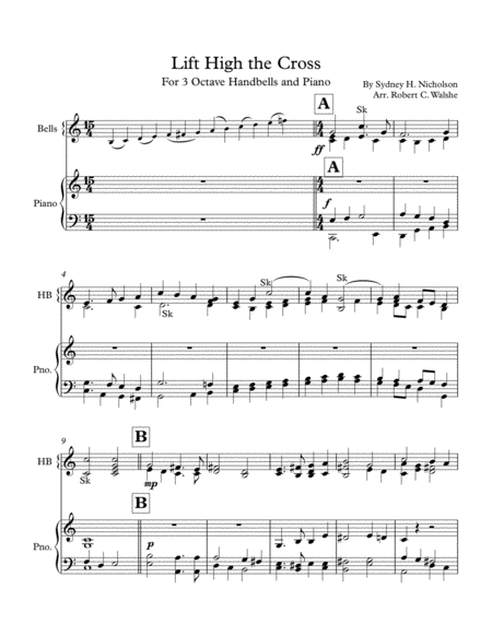 Free Sheet Music Small Handbell Choir Lift High The Cross 3 Octaves Piano