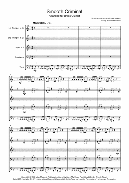 Smooth Criminal For Brass Quintet Sheet Music