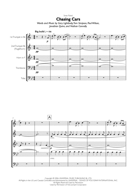 Snow Patrol Chasing Cars For Brass Quintet Sheet Music