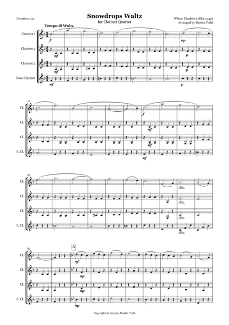 Free Sheet Music Snowdrops Waltz For Clarinet Quartet