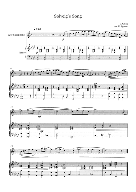 Solveigs Song Edvard Grieg For Alto Saxophone Piano Sheet Music