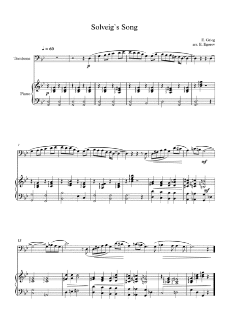 Solveigs Song Edvard Grieg For Trombone Piano Sheet Music