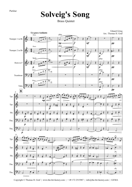 Solveigs Song From Peer Gynt Suite Brass Quintet Sheet Music