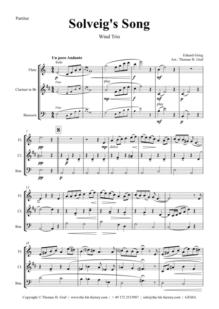 Free Sheet Music Solveigs Song From Peer Gynt Suite Wind Trio