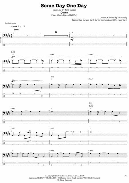 Some Day One Day Queen John Deacon Complete And Accurate Bass Transcription Whit Tab Sheet Music