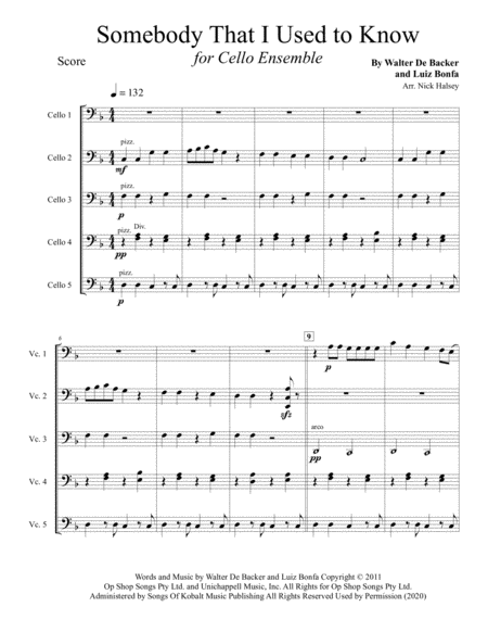 Free Sheet Music Somebody That I Used To Know Cello Ensemble