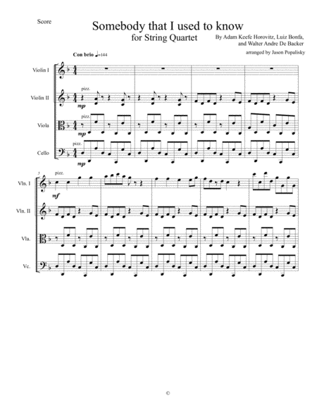 Free Sheet Music Somebody That I Used To Know For String Quartet