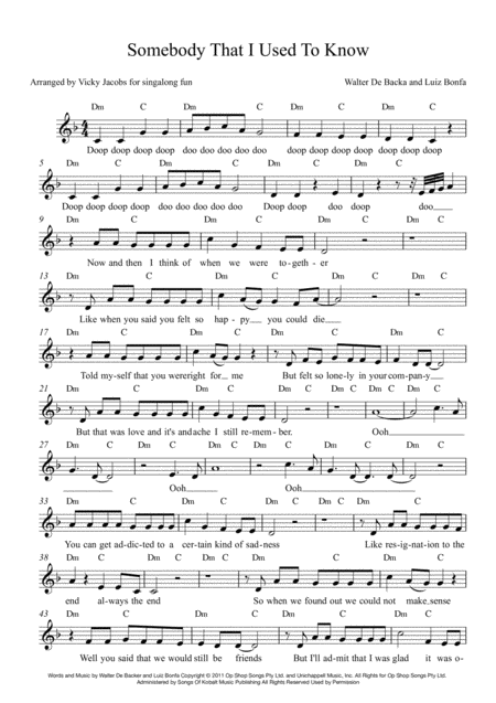 Free Sheet Music Somebody That I Used To Know Leadsheet For Singalongs
