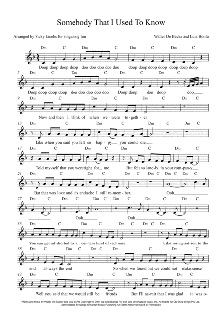 Somebody That I Used To Know Leadsheet For Singalongs Sheet Music