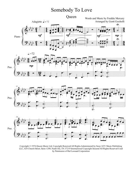 Somebody To Love Piano Solo Sheet Music