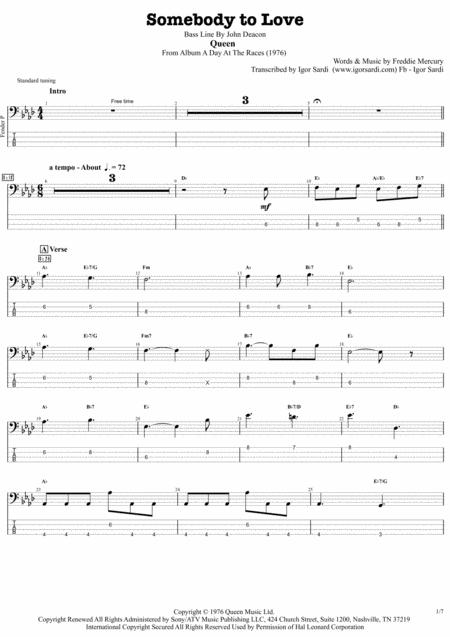 Free Sheet Music Somebody To Love Queen John Deacon Complete And Accurate Bass Transcription Whit Tab