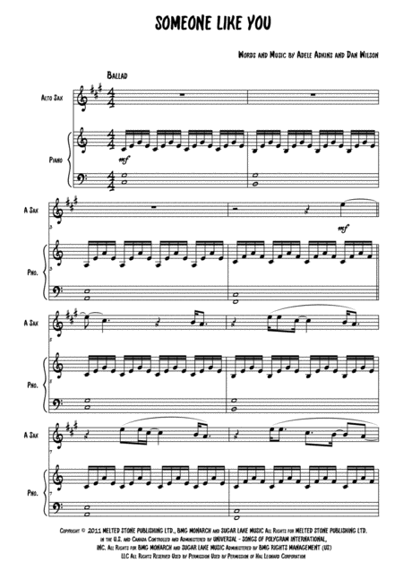 Free Sheet Music Someone Like You Alto Sax Piano