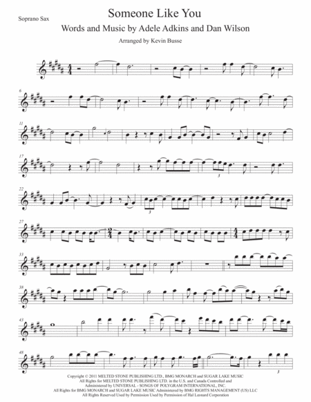 Free Sheet Music Someone Like You Original Key Soprano Sax