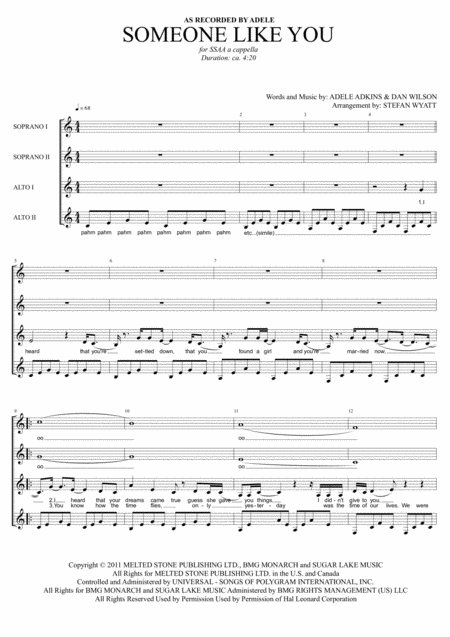 Someone Like You Ssaa A Cappella Sheet Music