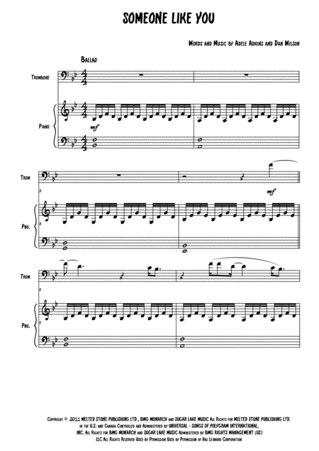 Someone Like You Trombone Piano Sheet Music